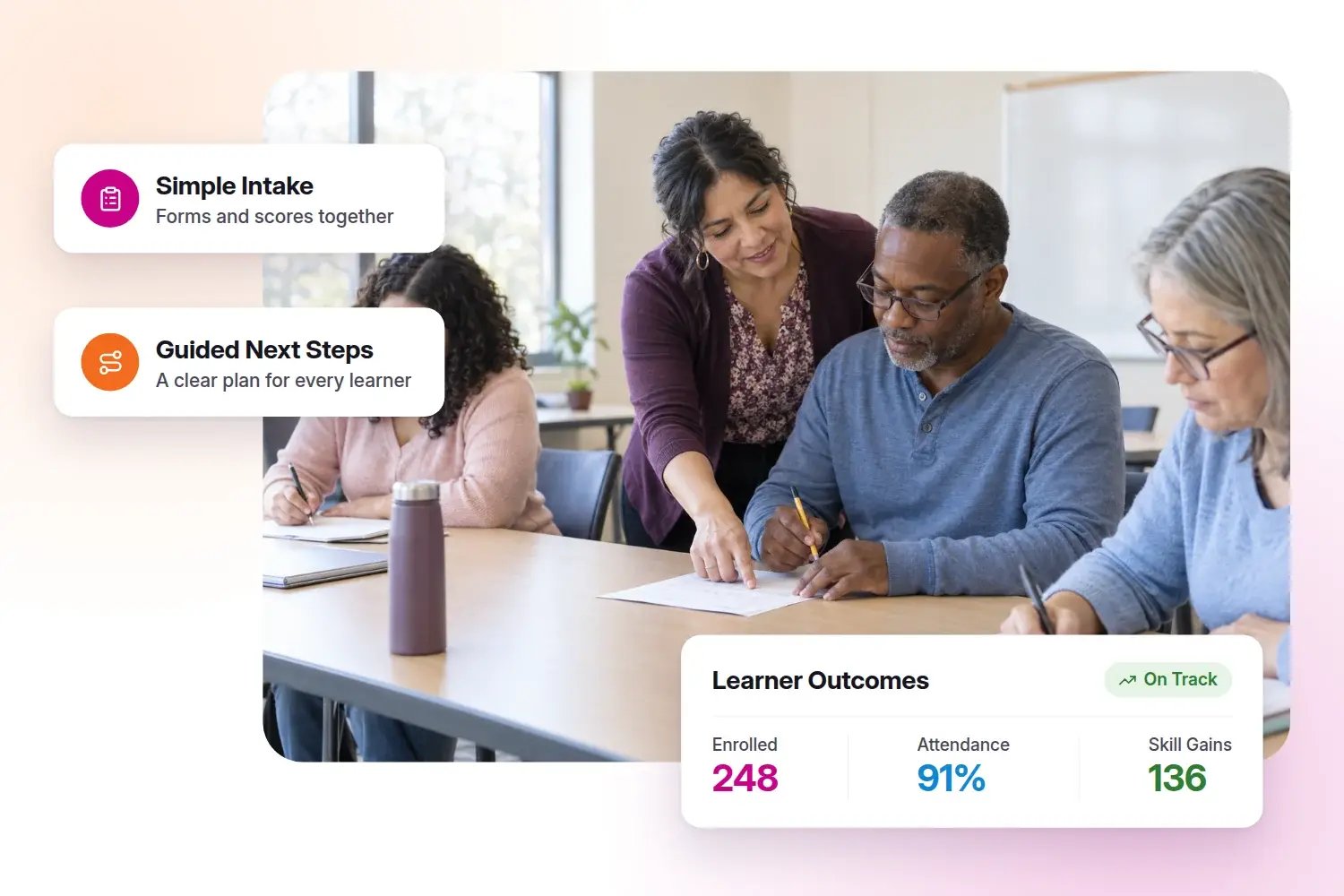 Adult learners smiling during a classroom discussion