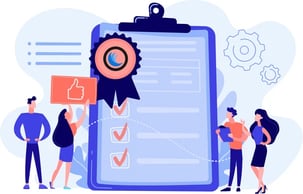 An illustration of four people surrounding a clipboard.