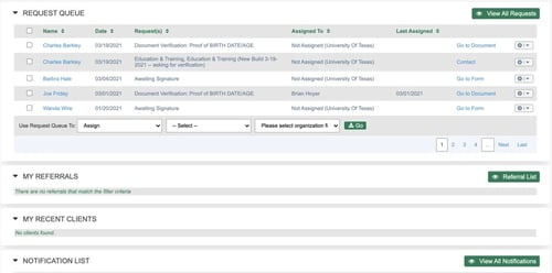 A screenshot of the continuing education management software. The page shows a “Request Queue” section, “My Referrals” section, “My Recent Clients” section, and “Notifications List”. 