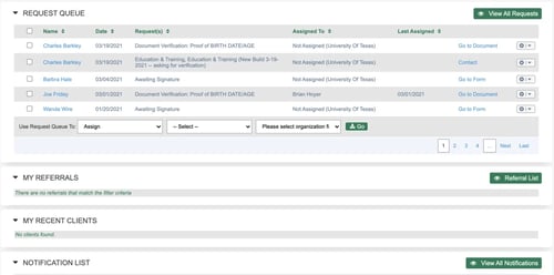 A screenshot of the continuing education management software. The page shows a “Request Queue” section, “My Referrals” section, “My Recent Clients” section, and “Notifications List”. 