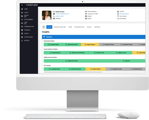 A desktop computer with myOneFlow on the screen. The screen shows a student’s profile with their personal information, insights, and pipeline. 