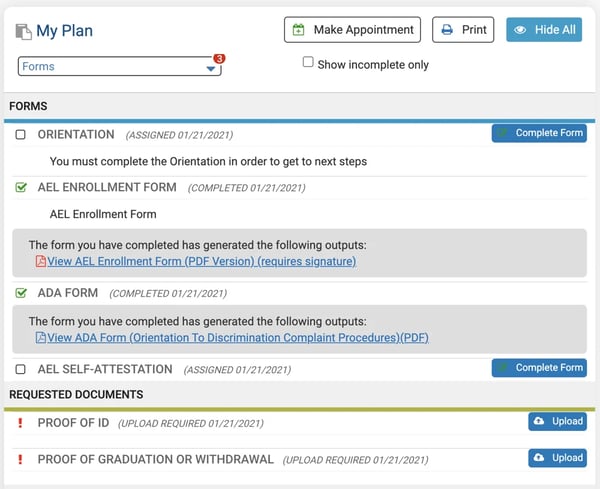 A screenshot of the “myPlan” page on the continuing education software. The page shows a spot for the user to fill out forms and upload requested documents. 