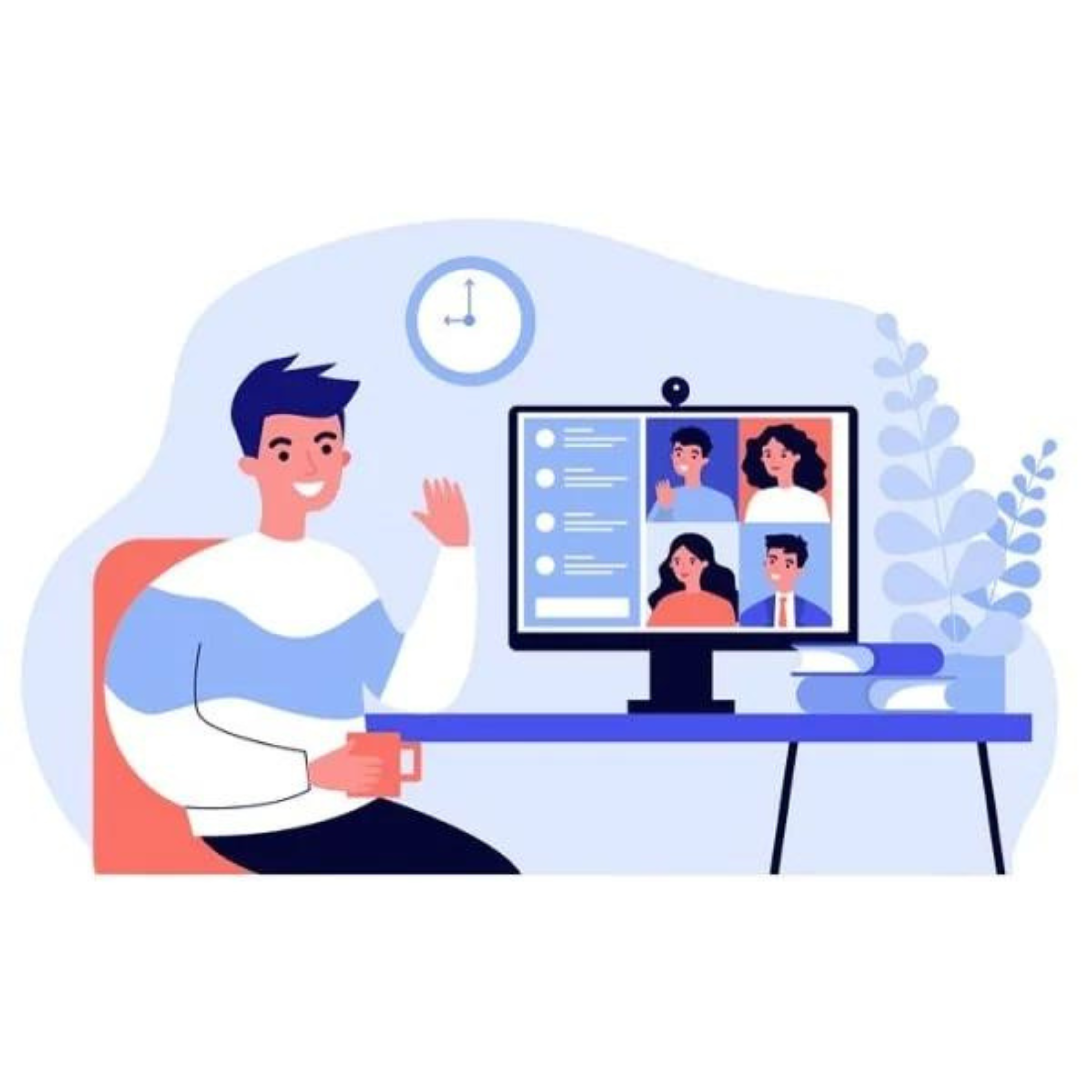 Illustration of a person on a video call with four other people. 