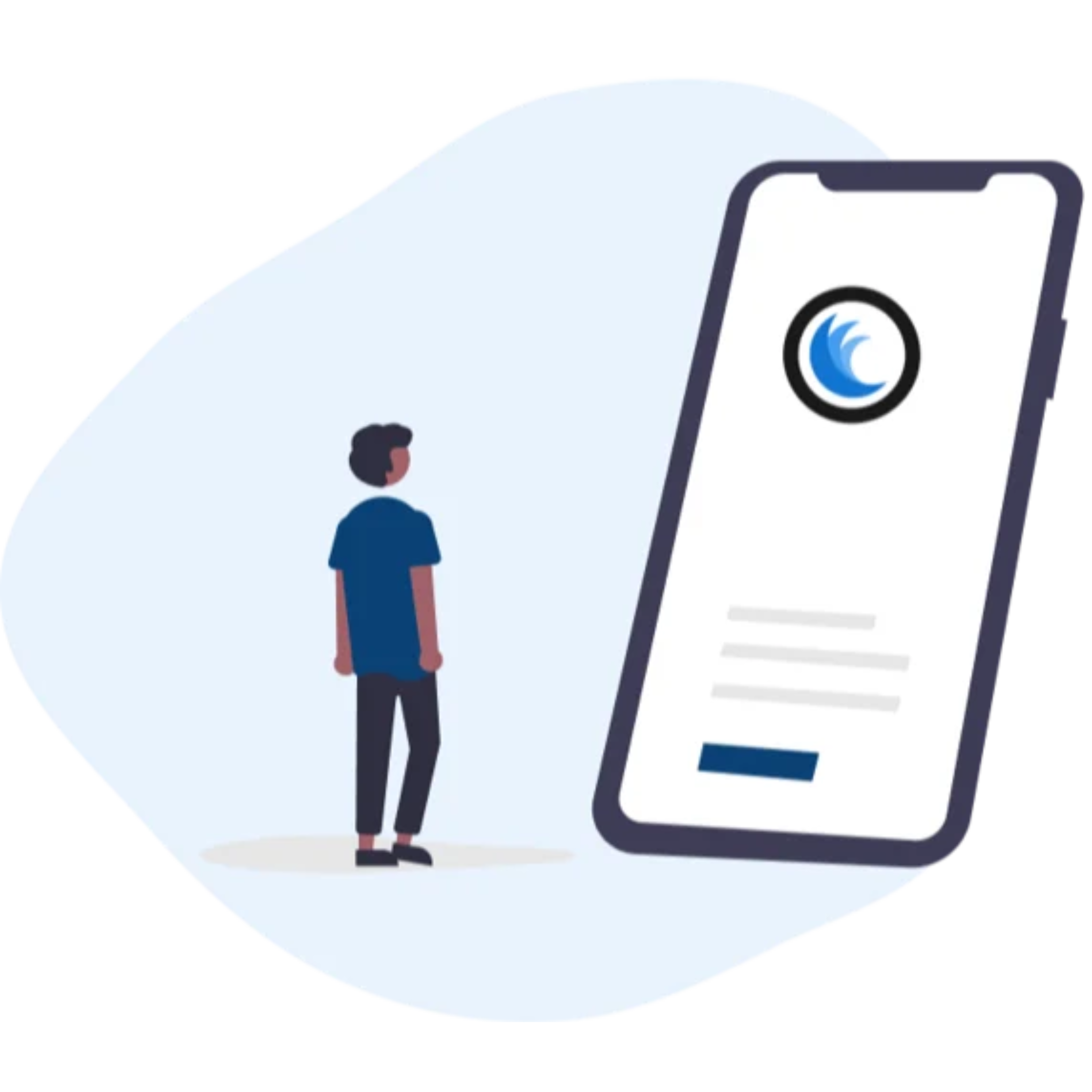 Illustration of a person standing in front of a phone with the apprenticeship management system on the phone. 