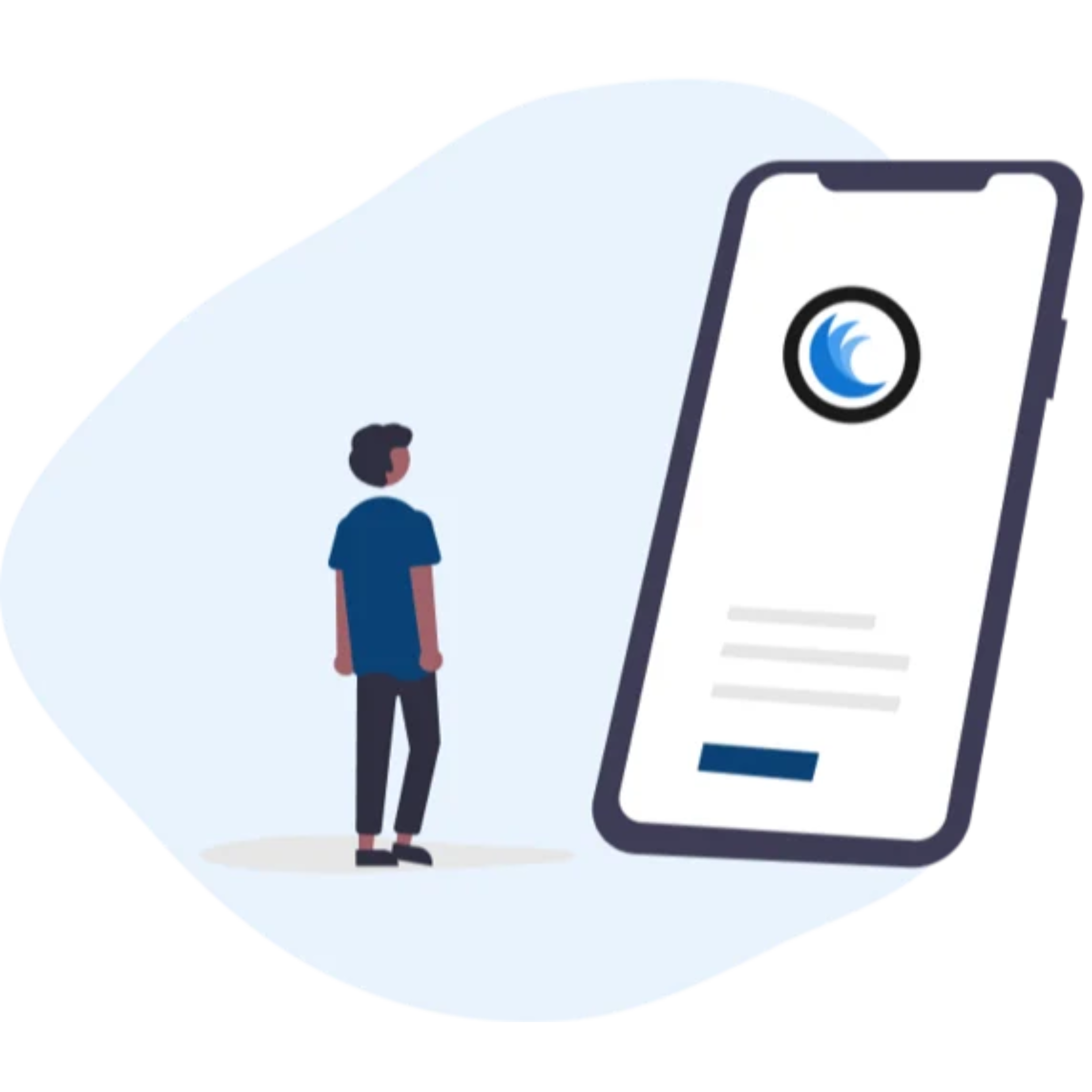 Illustration of a person standing in front of a phone with the apprenticeship management system on the phone. 