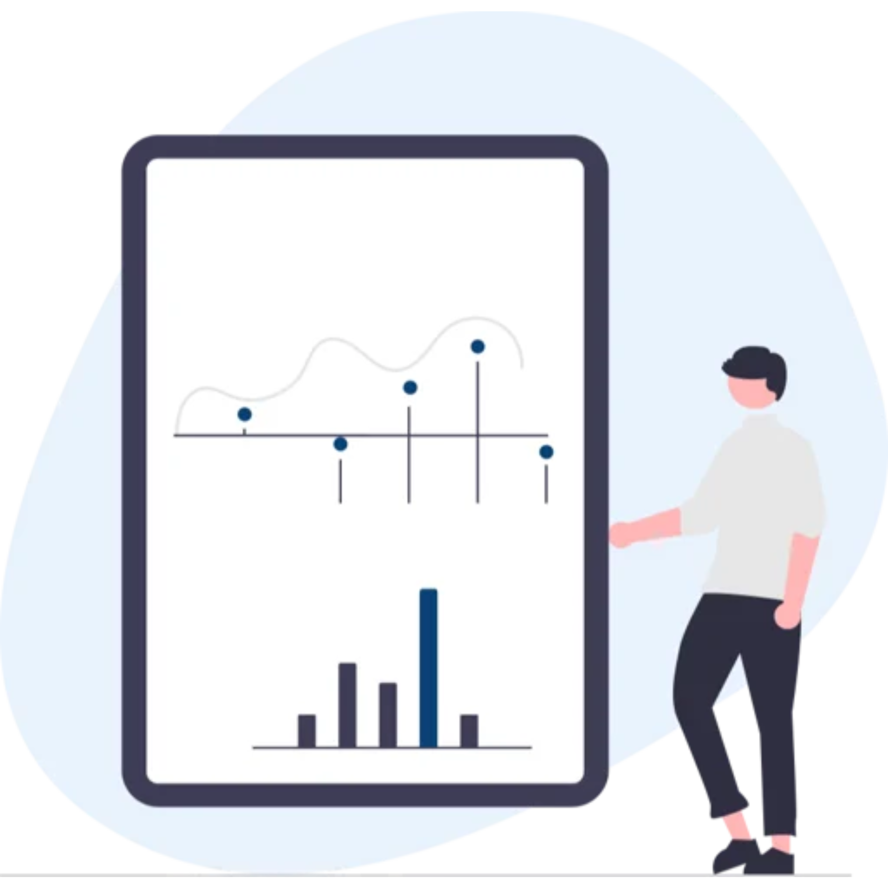 Illustration of a person holding a tablet that has graphs on the screen. 